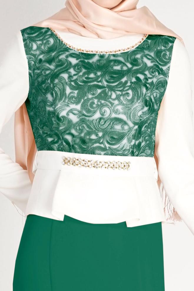 Hijab clothing GREEN PATTERNED EVENING DRESS WITH GEM DETAIL 3140 - ALVİNA