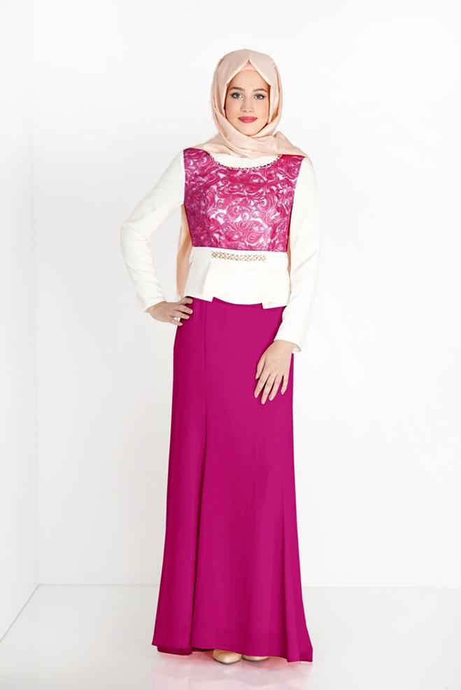 Hijab clothing FUCHSIA PATTERNED EVENING DRESS WITH GEM DETAIL 3140 - ALVİNA