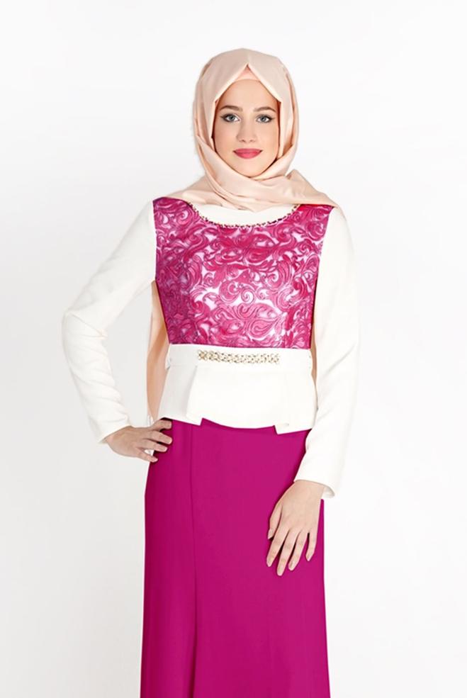 Hijab clothing FUCHSIA PATTERNED EVENING DRESS WITH GEM DETAIL 3140 - ALVİNA