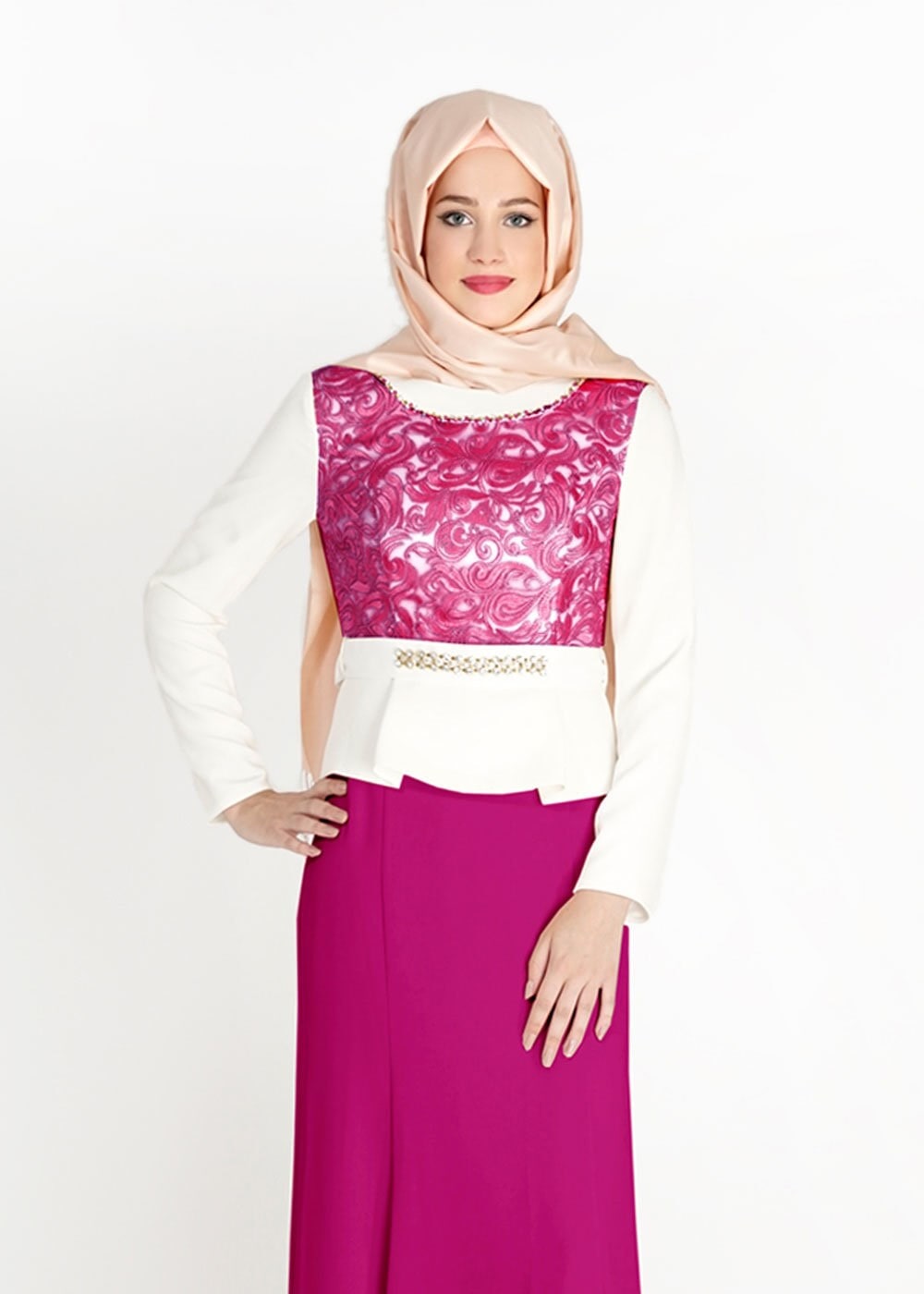 Hijab clothing FUCHSIA PATTERNED EVENING DRESS WITH GEM DETAIL 3140