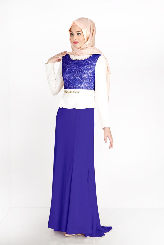 Hijab clothing NAVY BLUE PATTERNED EVENING DRESS WITH GEM DETAIL 3140 - ALVİNA