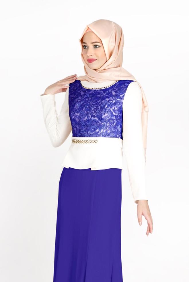 Hijab clothing NAVY BLUE PATTERNED EVENING DRESS WITH GEM DETAIL 3140 - ALVİNA