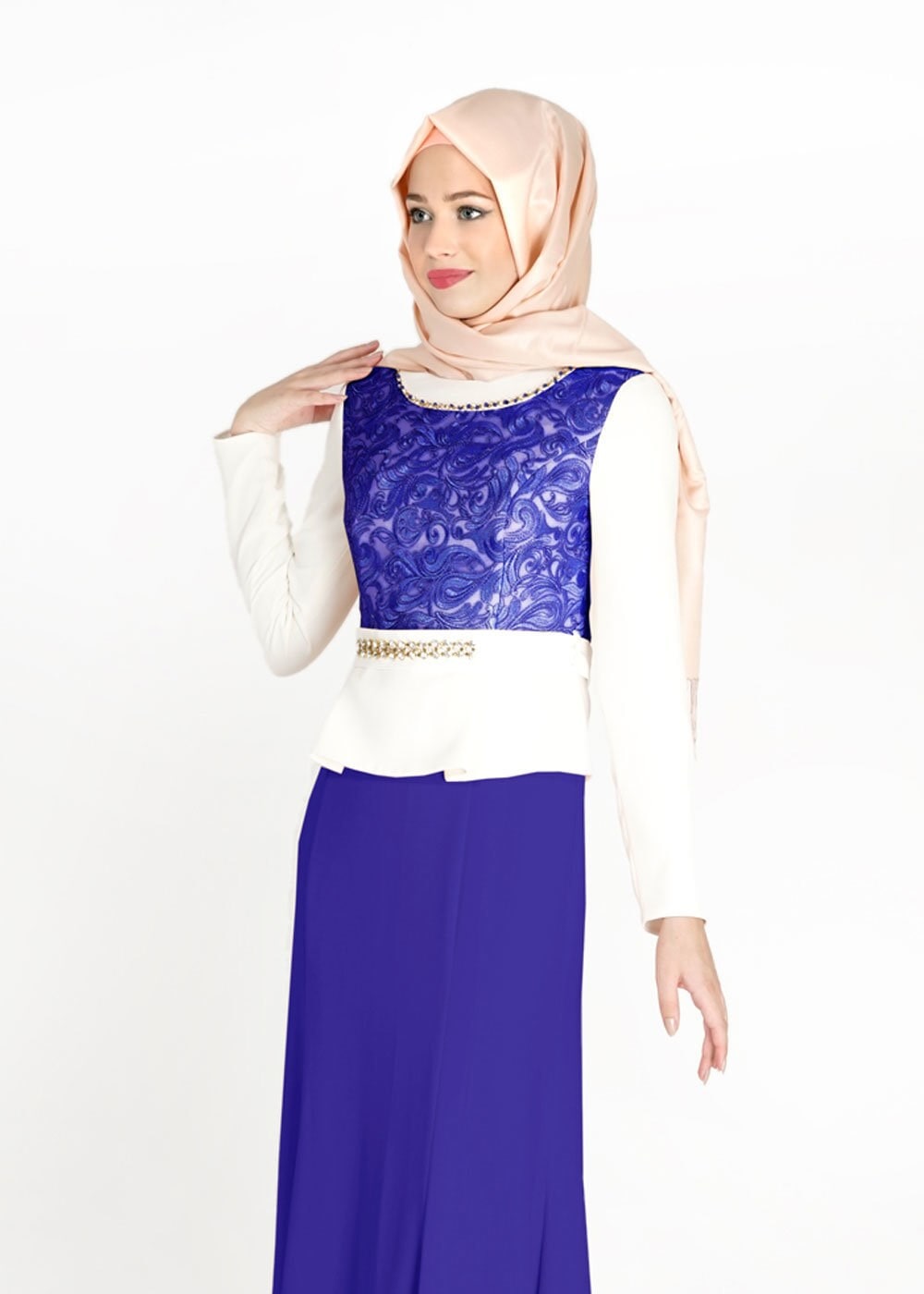 Tesettür giyim LACİVERT DESENLİ TAŞ DETAYLI ABİYE ELBİSE 3140