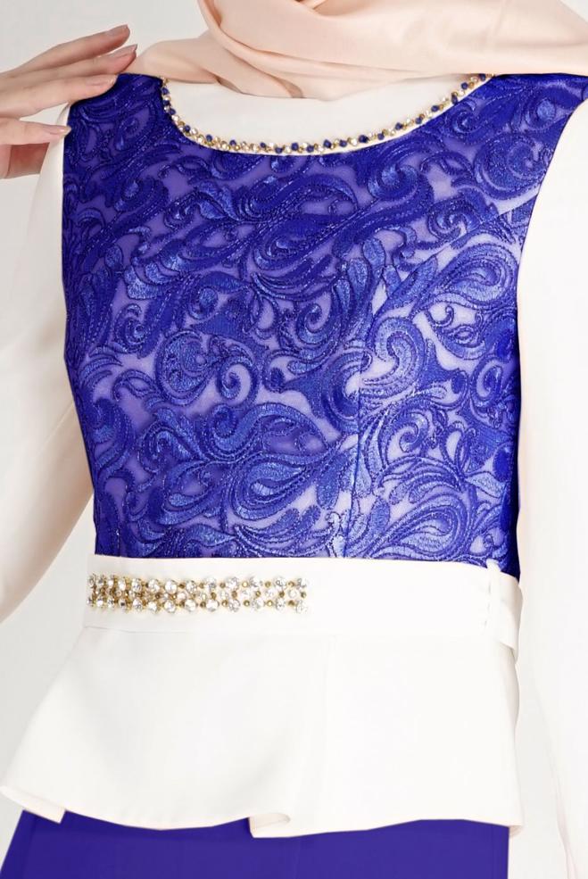 Hijab clothing NAVY BLUE PATTERNED EVENING DRESS WITH GEM DETAIL 3140 - ALVİNA