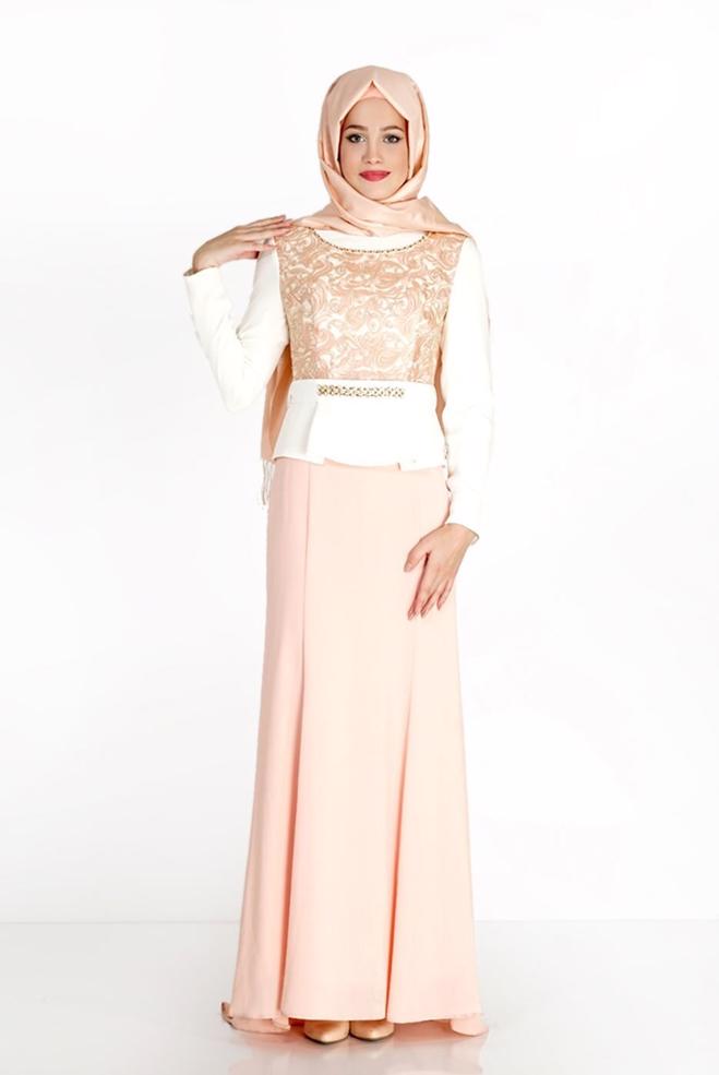 Hijab clothing POWDER PATTERNED EVENING DRESS WITH GEM DETAIL 3140 - ALVİNA