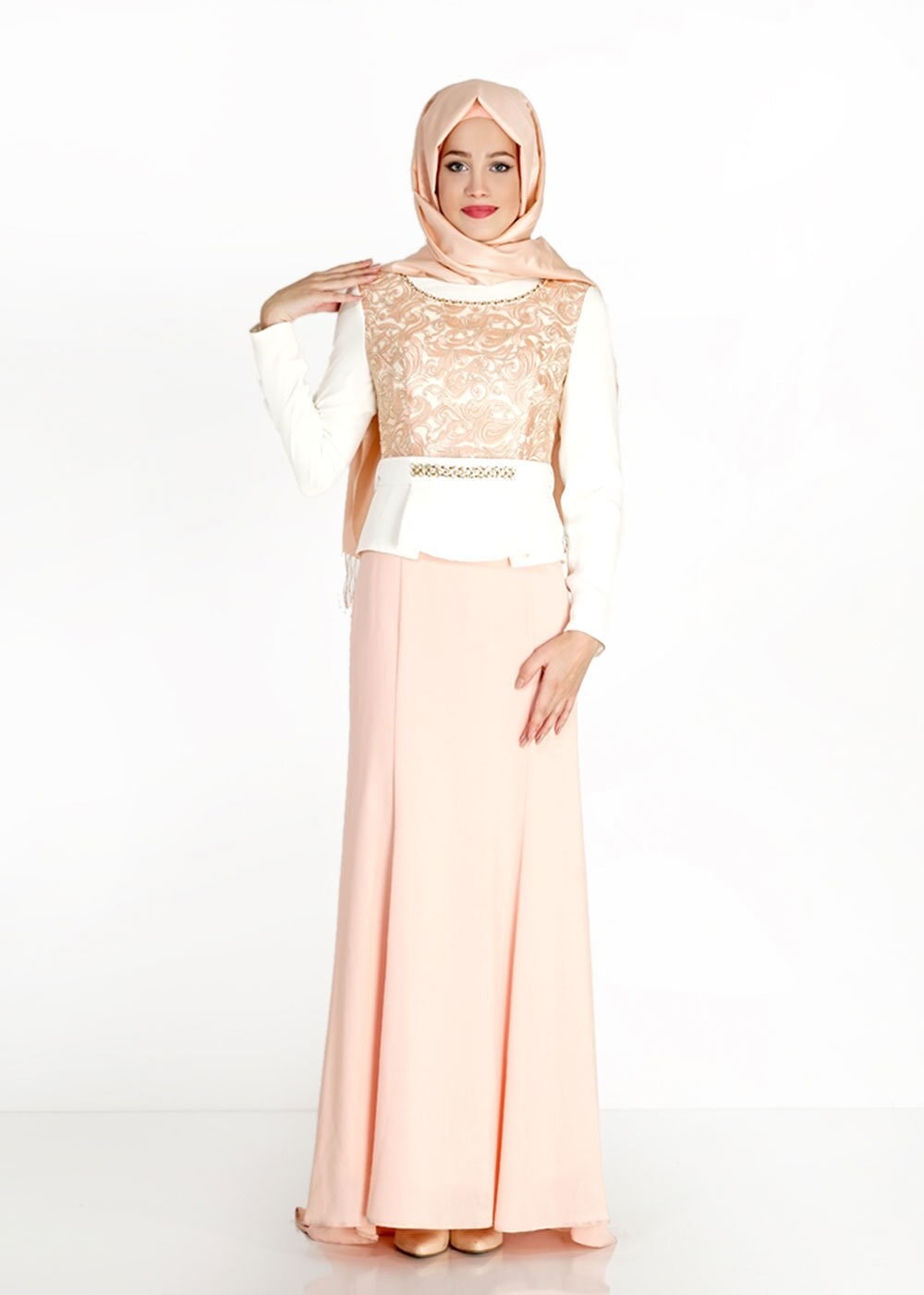 Tesettür giyim PUDRA DESENLİ TAŞ DETAYLI ABİYE ELBİSE 3140