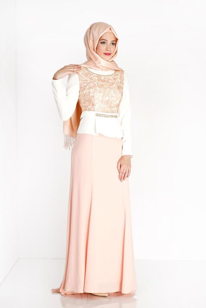 Hijab clothing POWDER PATTERNED EVENING DRESS WITH GEM DETAIL 3140 - ALVİNA