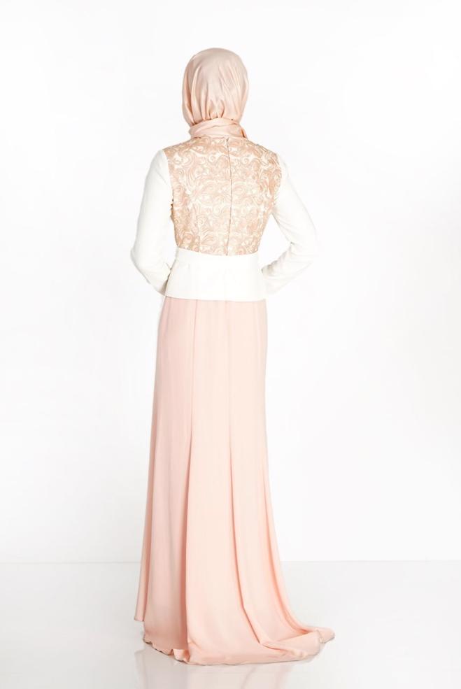 Hijab clothing POWDER PATTERNED EVENING DRESS WITH GEM DETAIL 3140 - ALVİNA