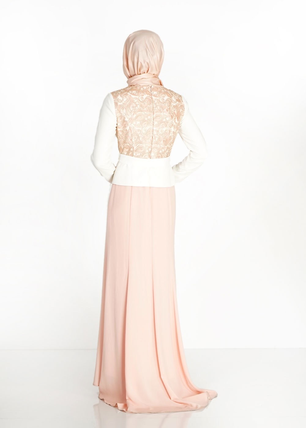 Tesettür giyim PUDRA DESENLİ TAŞ DETAYLI ABİYE ELBİSE 3140