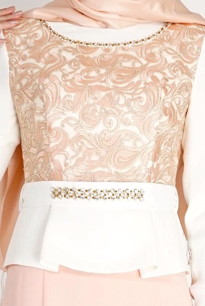 Hijab clothing POWDER PATTERNED EVENING DRESS WITH GEM DETAIL 3140 - ALVİNA