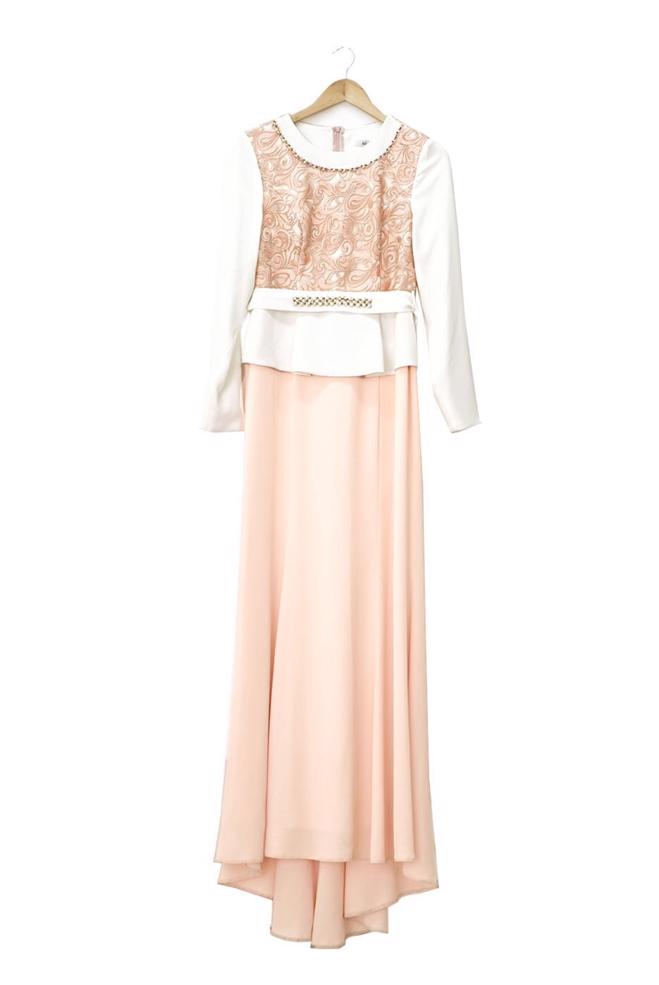 Hijab clothing POWDER PATTERNED EVENING DRESS WITH GEM DETAIL 3140 - ALVİNA