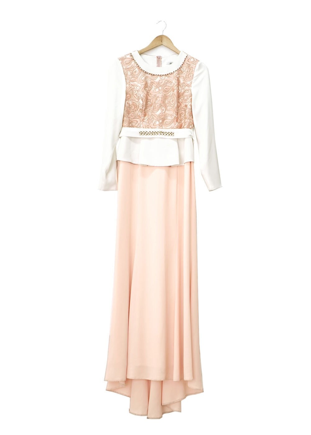 Tesettür giyim PUDRA DESENLİ TAŞ DETAYLI ABİYE ELBİSE 3140