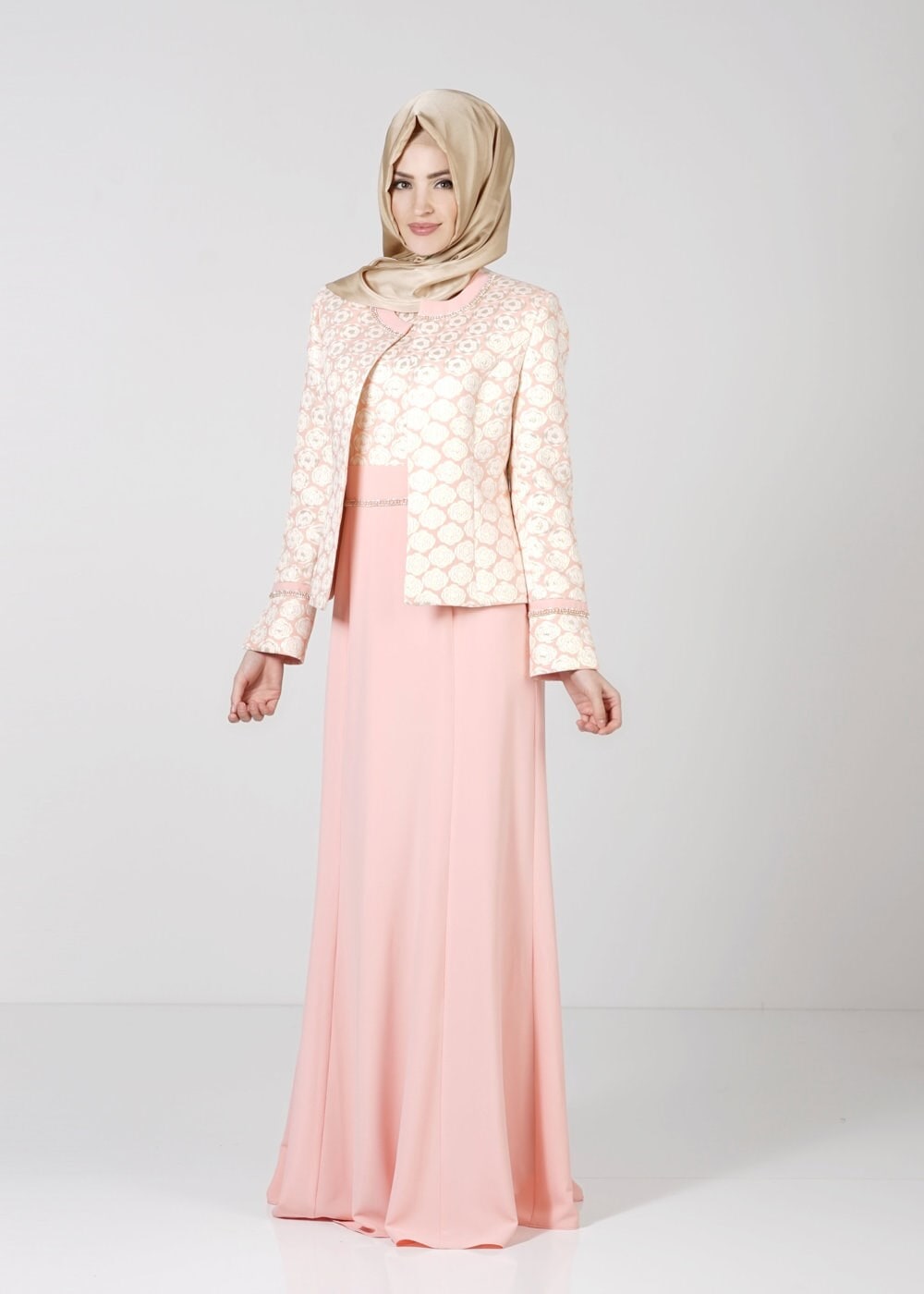 Tesettür giyim PUDRA ÇİÇEK DESENLİ İKİLİ ELBİSELİ TAKIM 3143