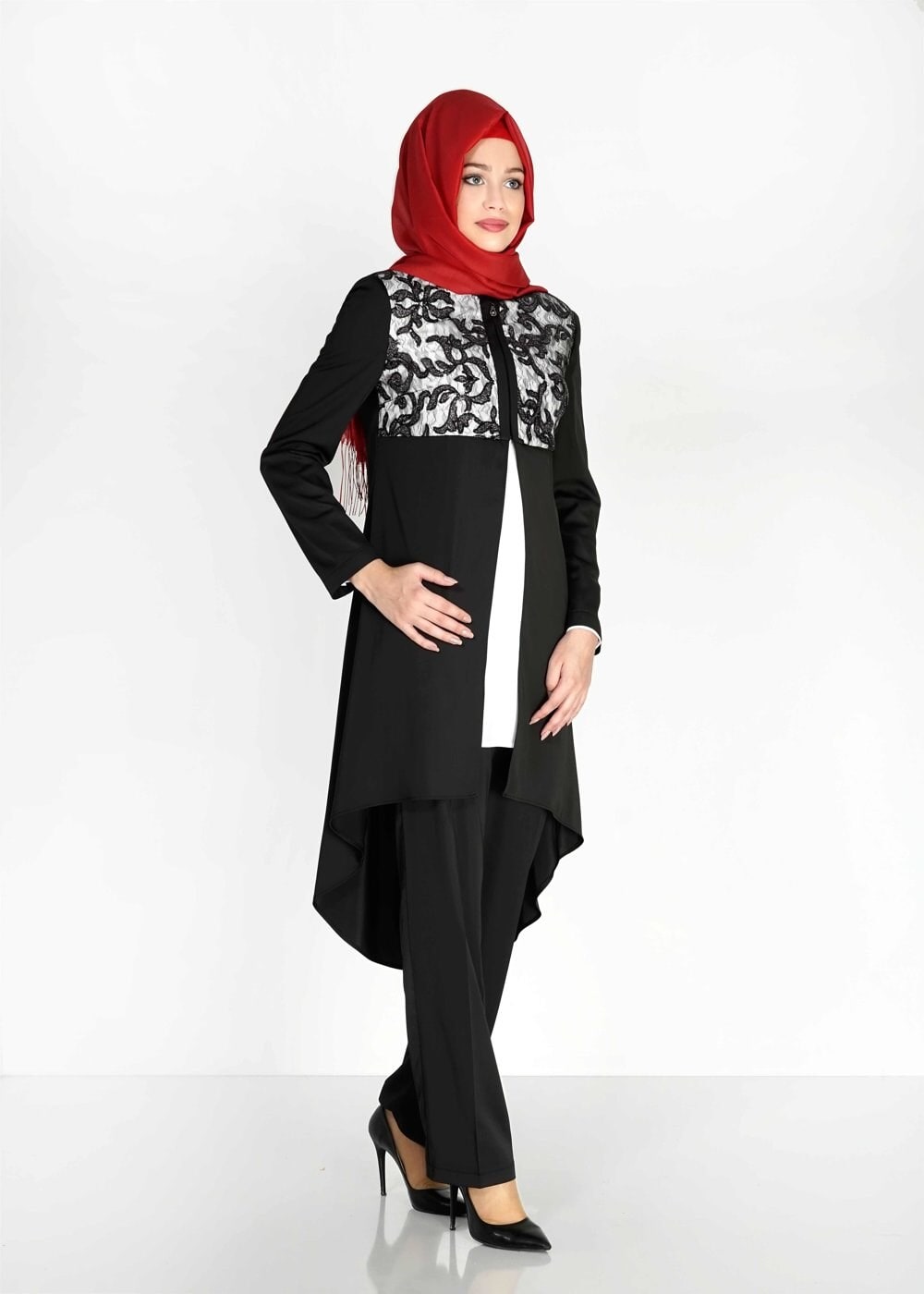 Tesettür giyim SİYAH DESENLİ ASİMETRİK KESİM ÜÇLÜ PANTOLONLU TAKIM 3093P