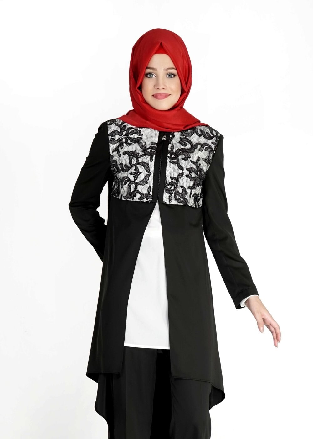 Tesettür giyim SİYAH DESENLİ ASİMETRİK KESİM ÜÇLÜ PANTOLONLU TAKIM 3093P