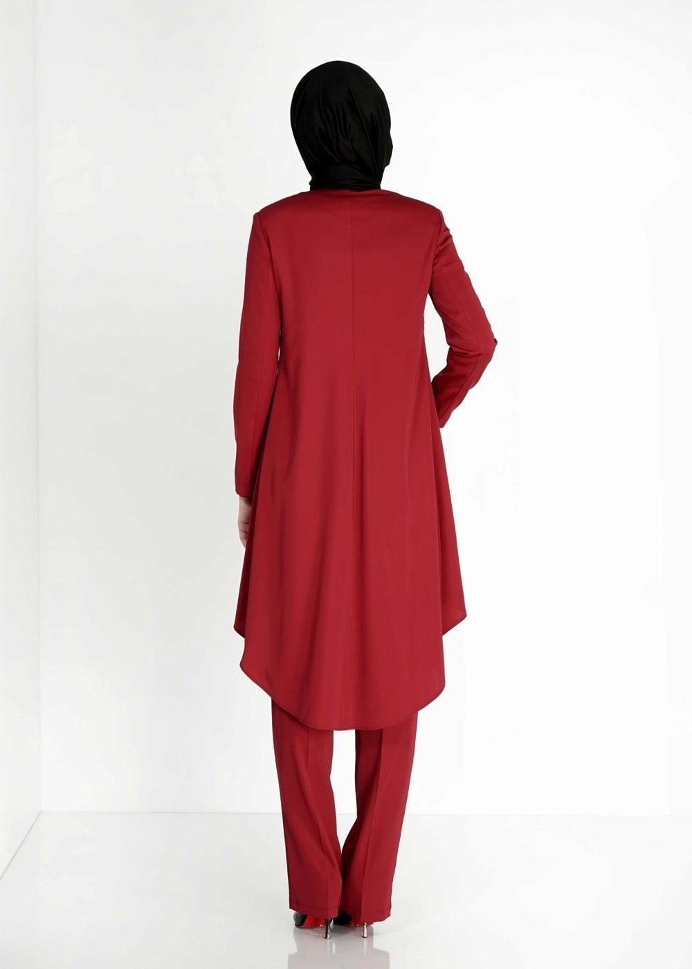 Tesettür giyim BORDO DESENLİ ASİMETRİK KESİM ÜÇLÜ PANTOLONLU TAKIM 3093P