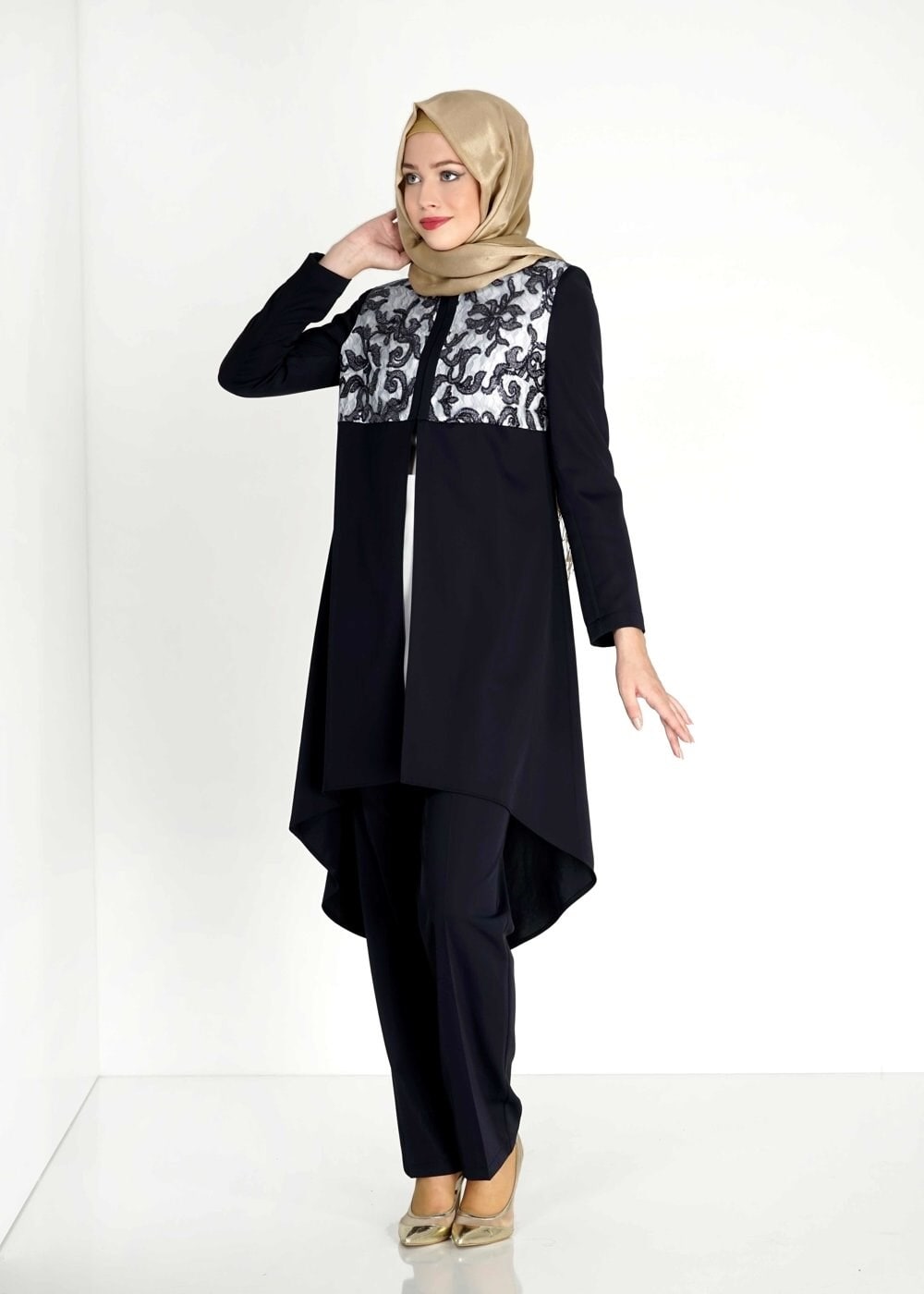 Tesettür giyim LACİVERT DESENLİ ASİMETRİK KESİM ÜÇLÜ PANTOLONLU TAKIM 3093P