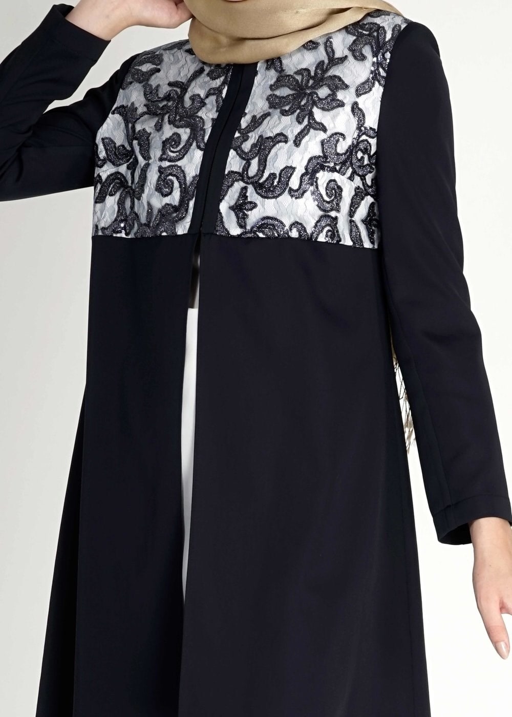 Tesettür giyim LACİVERT DESENLİ ASİMETRİK KESİM ÜÇLÜ PANTOLONLU TAKIM 3093P