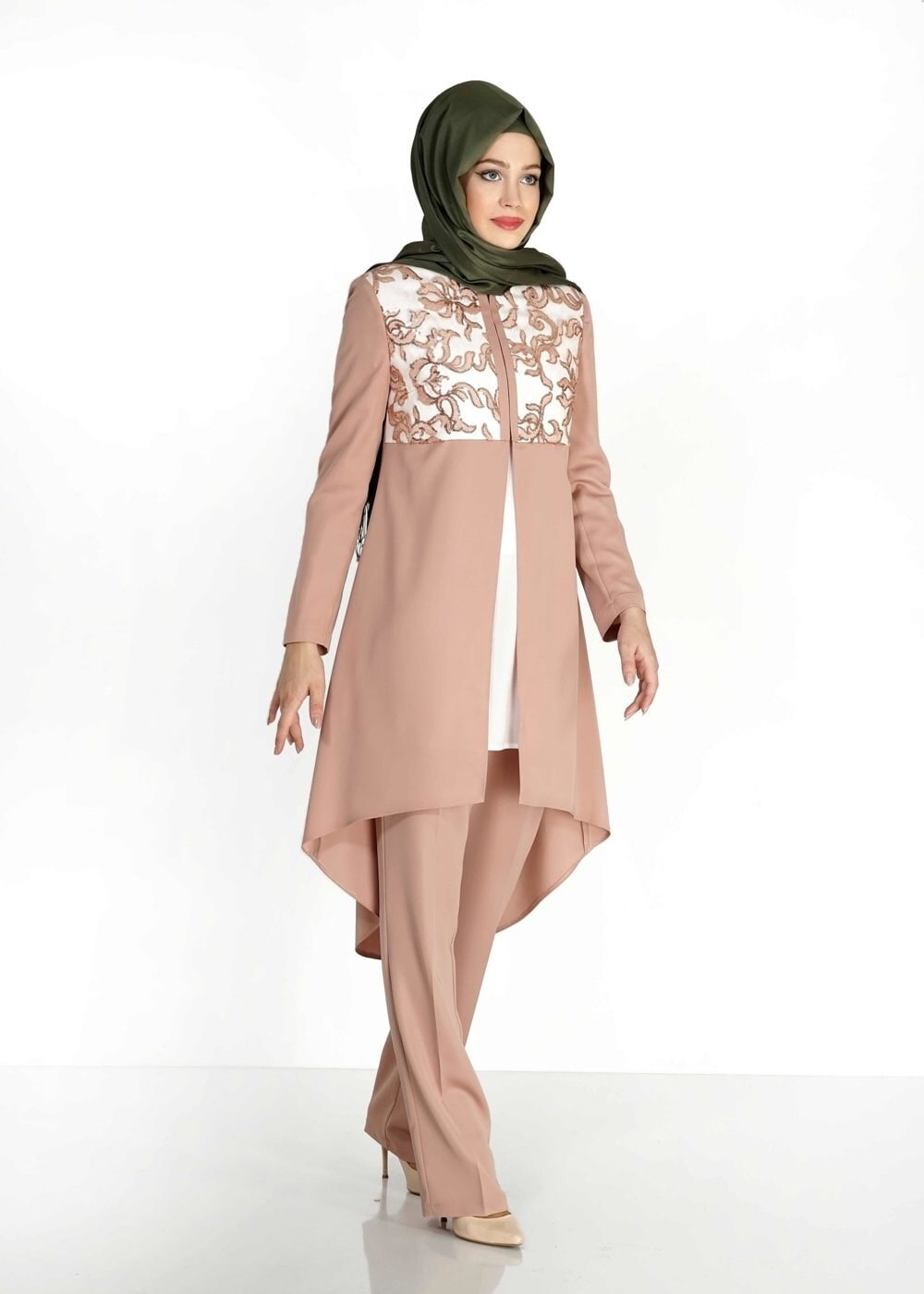 Tesettür giyim KAHVE DESENLİ ASİMETRİK KESİM ÜÇLÜ PANTOLONLU TAKIM 3093P