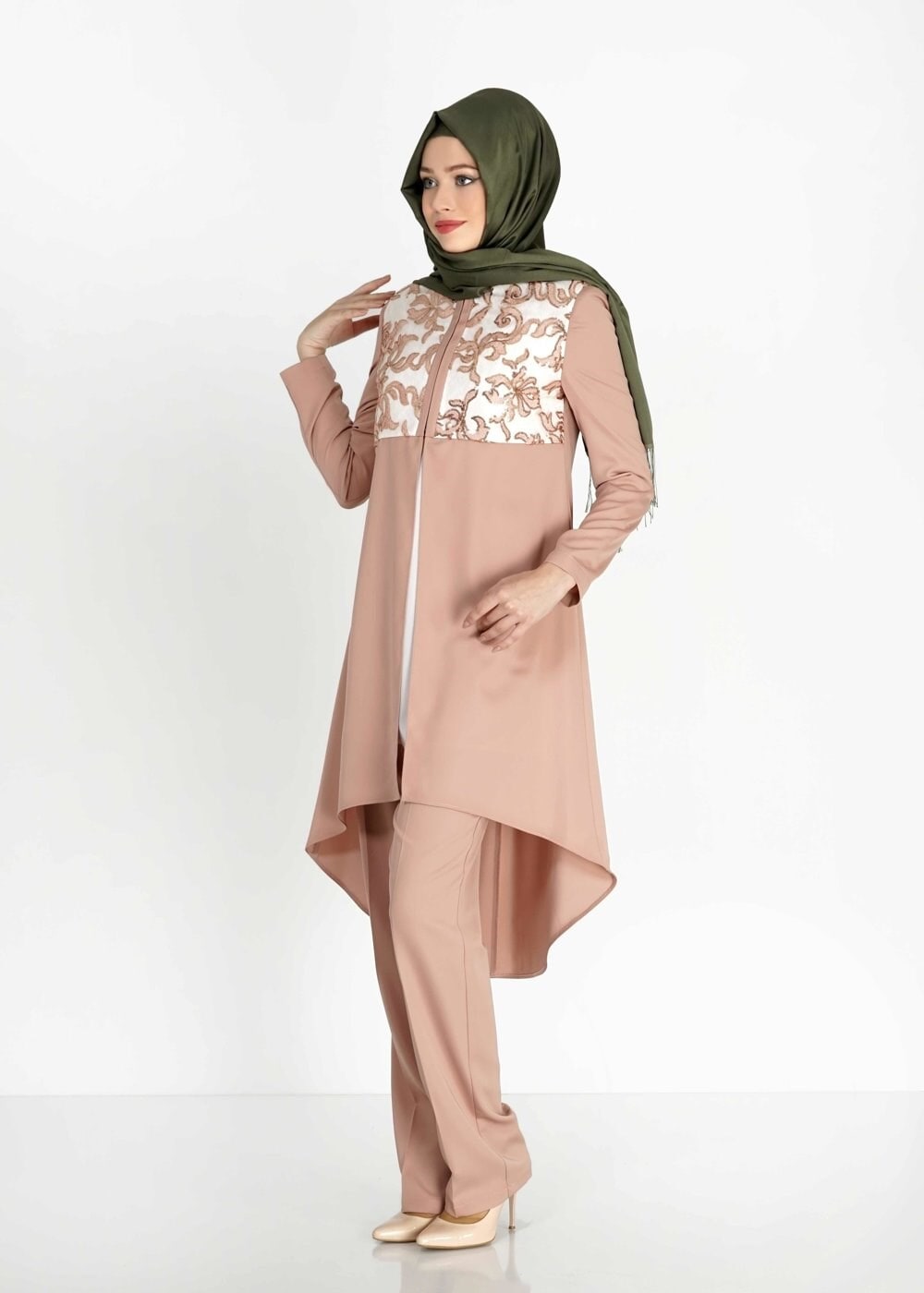 Tesettür giyim KAHVE DESENLİ ASİMETRİK KESİM ÜÇLÜ PANTOLONLU TAKIM 3093P