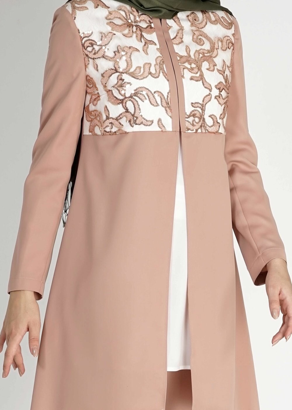 Tesettür giyim KAHVE DESENLİ ASİMETRİK KESİM ÜÇLÜ PANTOLONLU TAKIM 3093P
