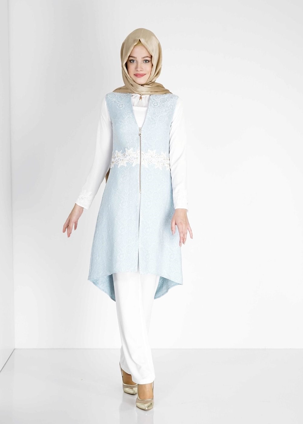 Tesettür giyim MAVİ İŞLEME DETAYLI FERMUARLI İKİLİ PANTOLONLU TAKIM 3119P