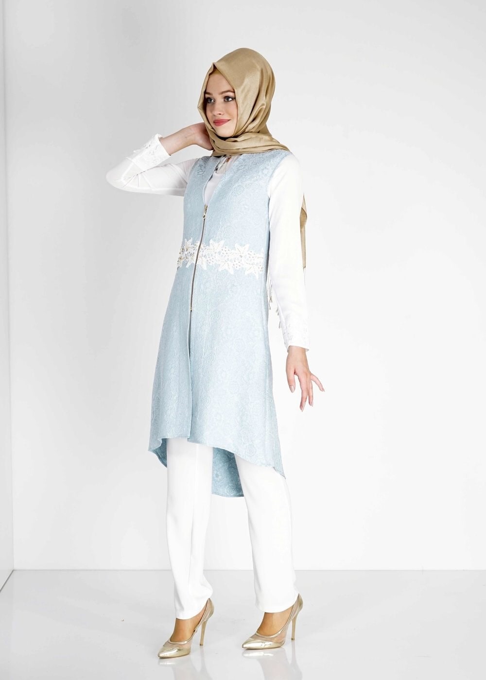 Tesettür giyim MAVİ İŞLEME DETAYLI FERMUARLI İKİLİ PANTOLONLU TAKIM 3119P