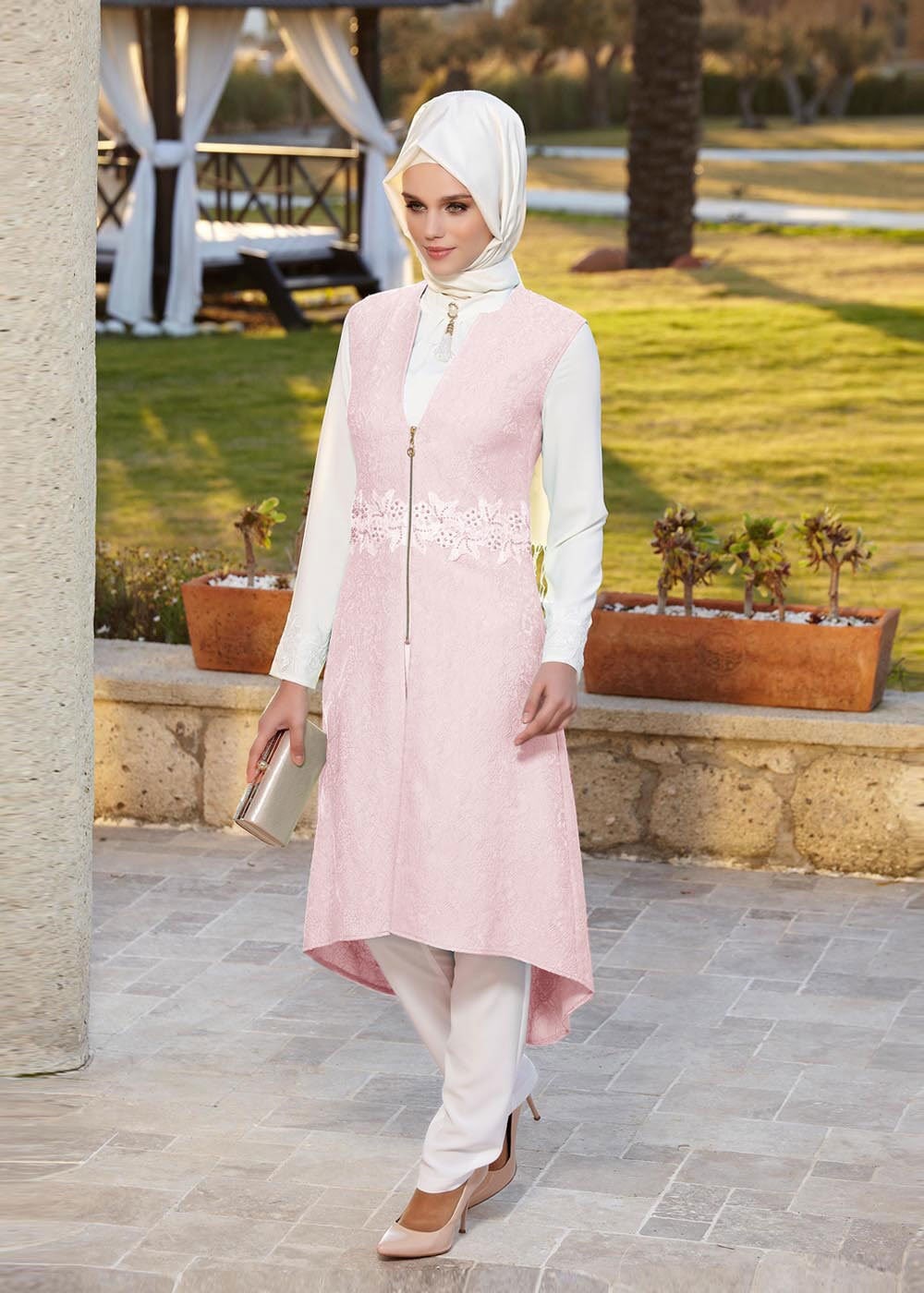 Tesettür giyim PUDRA İŞLEME DETAYLI FERMUARLI İKİLİ PANTOLONLU TAKIM 3119P