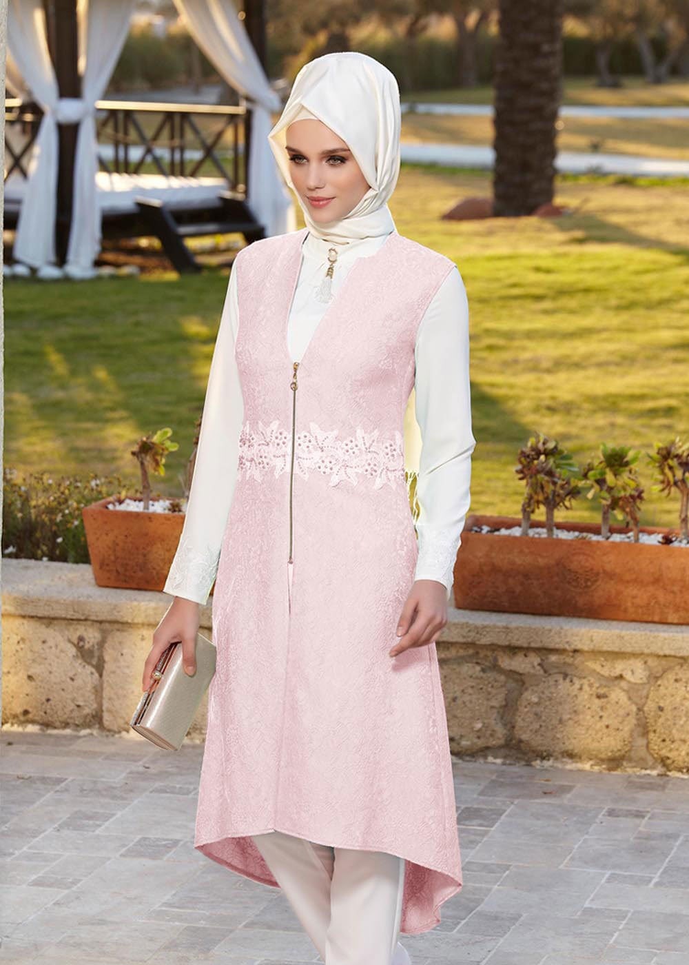 Tesettür giyim PUDRA İŞLEME DETAYLI FERMUARLI İKİLİ PANTOLONLU TAKIM 3119P