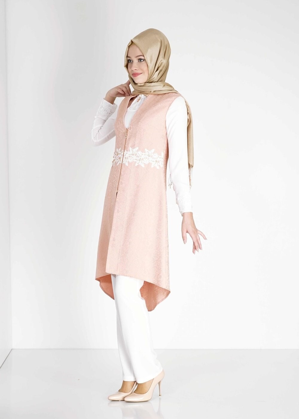 Tesettür giyim PUDRA İŞLEME DETAYLI FERMUARLI İKİLİ PANTOLONLU TAKIM 3119P