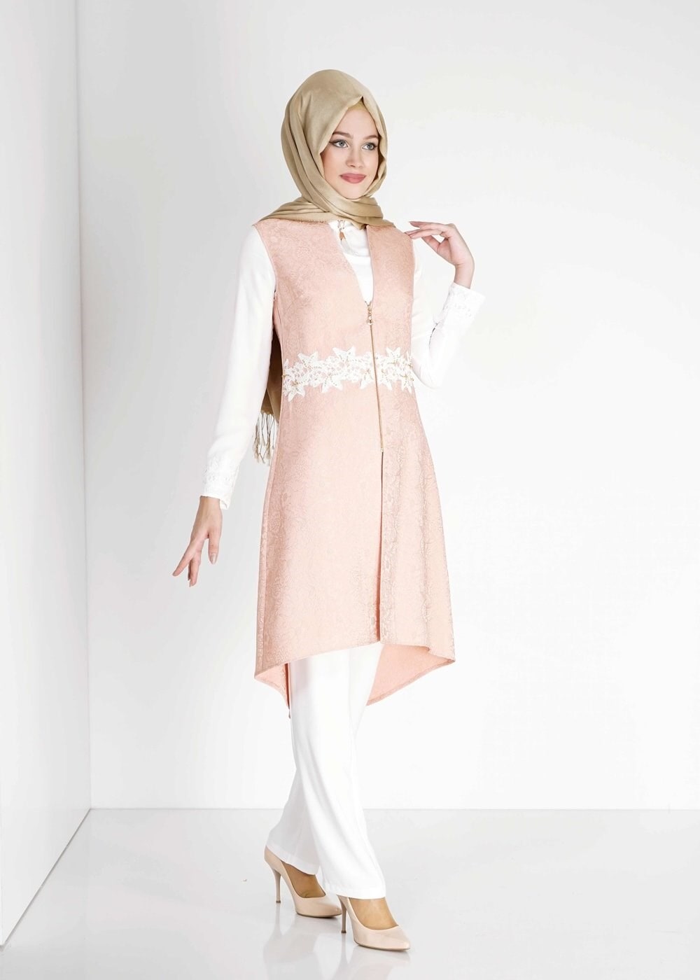Tesettür giyim PUDRA İŞLEME DETAYLI FERMUARLI İKİLİ PANTOLONLU TAKIM 3119P