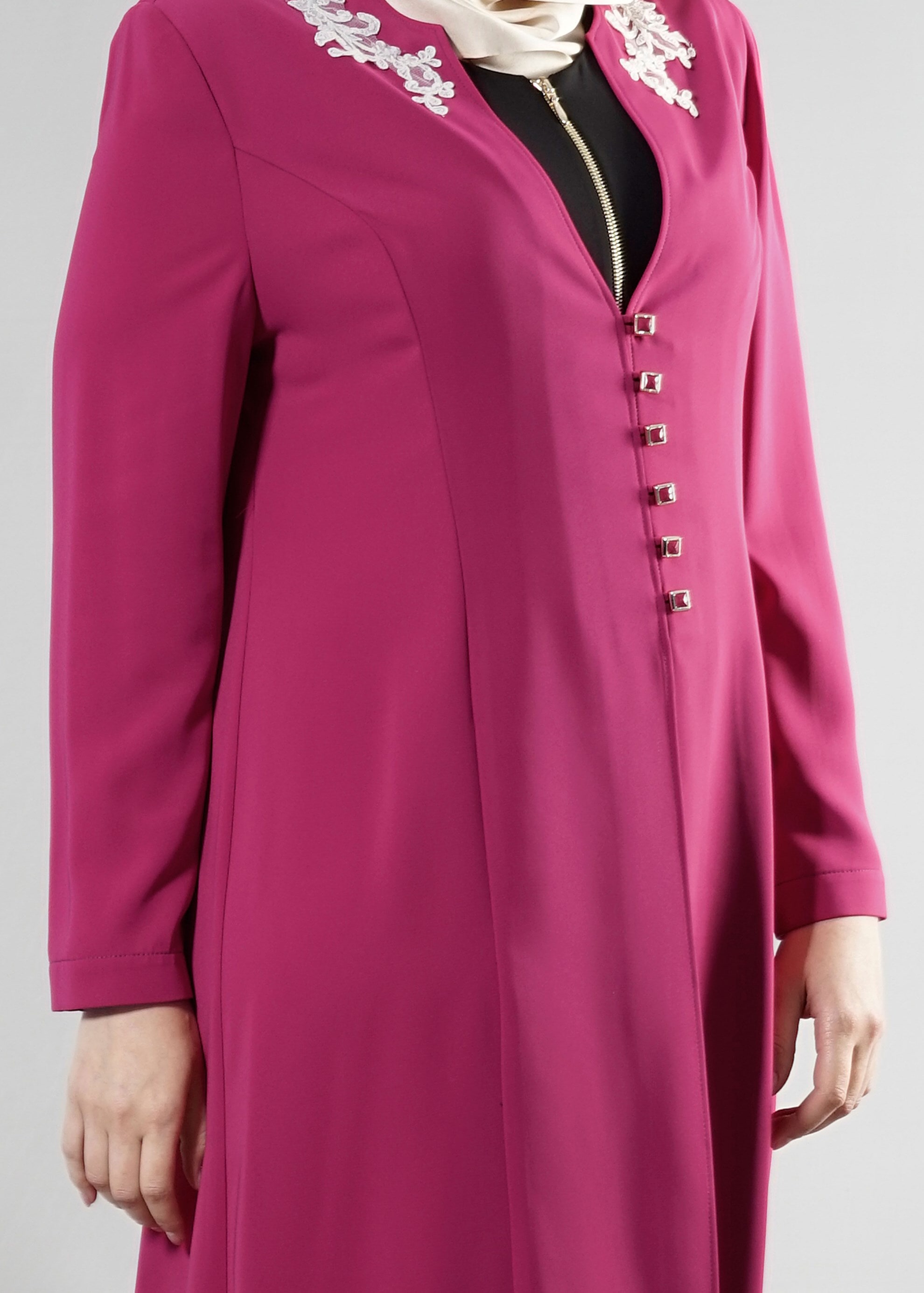 Tesettür giyim FUŞYA İŞLEME DETAYLI DÜĞMELİ İKİLİ PANTOLONLU TAKIM 3129P