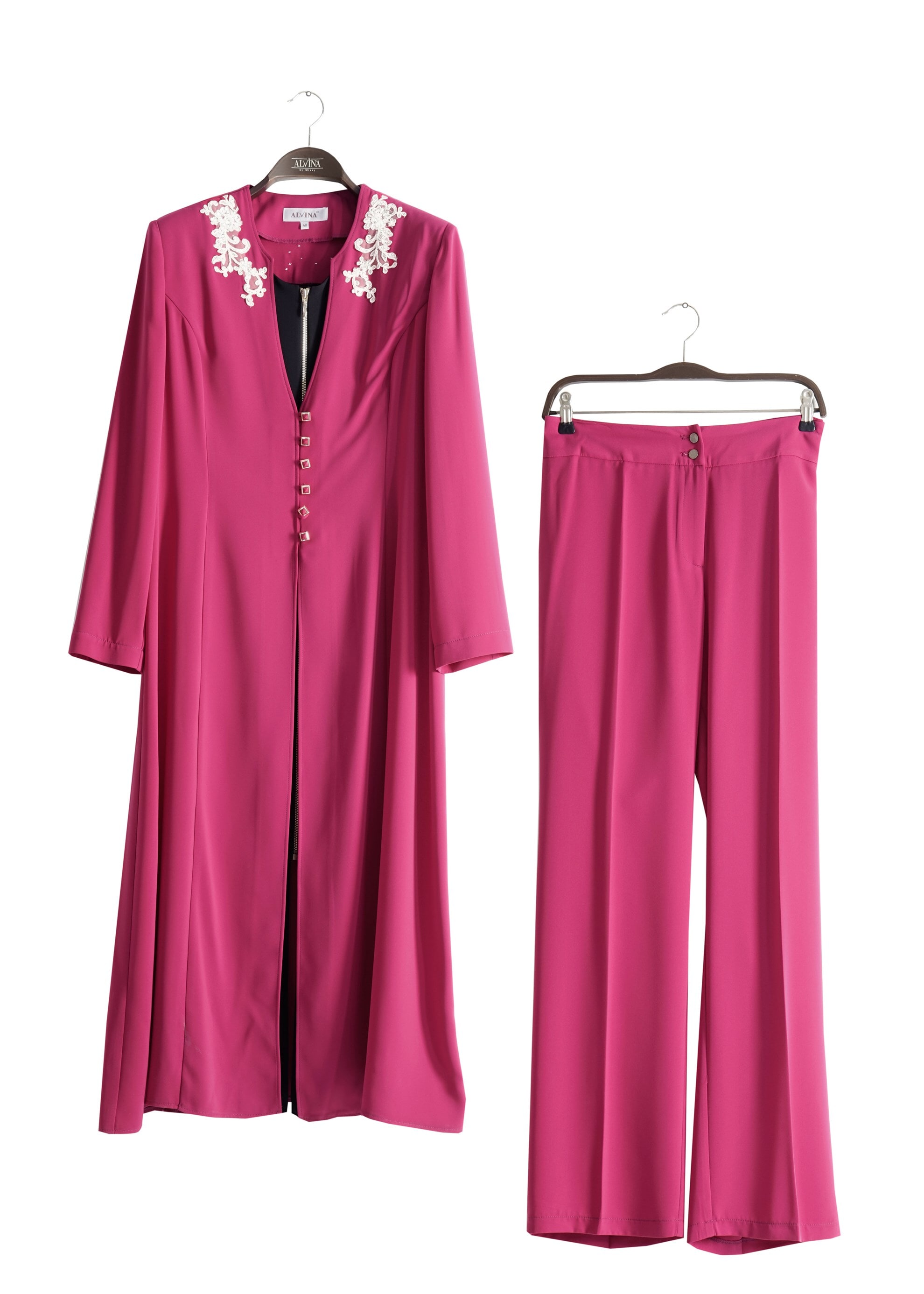 Tesettür giyim FUŞYA İŞLEME DETAYLI DÜĞMELİ İKİLİ PANTOLONLU TAKIM 3129P