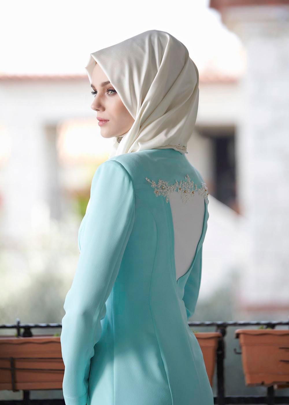 Tesettür giyim YEŞİL İŞLEME DETAYLI DÜĞMELİ İKİLİ PANTOLONLU TAKIM 3129P