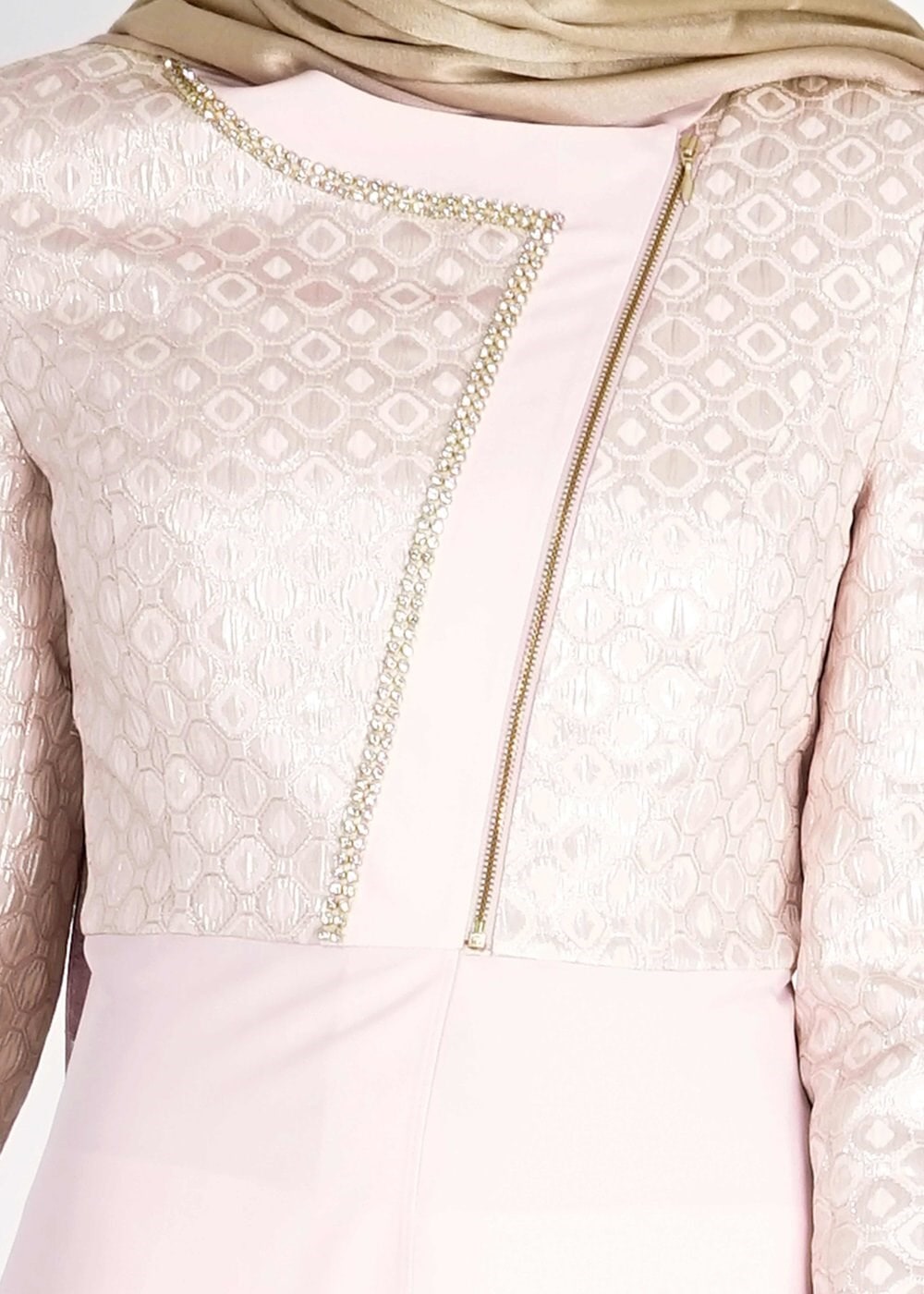 Tesettür giyim PUDRA DESENLİ TAŞ DETAYLI İKİLİ PANTOLONLU TAKIM 3136