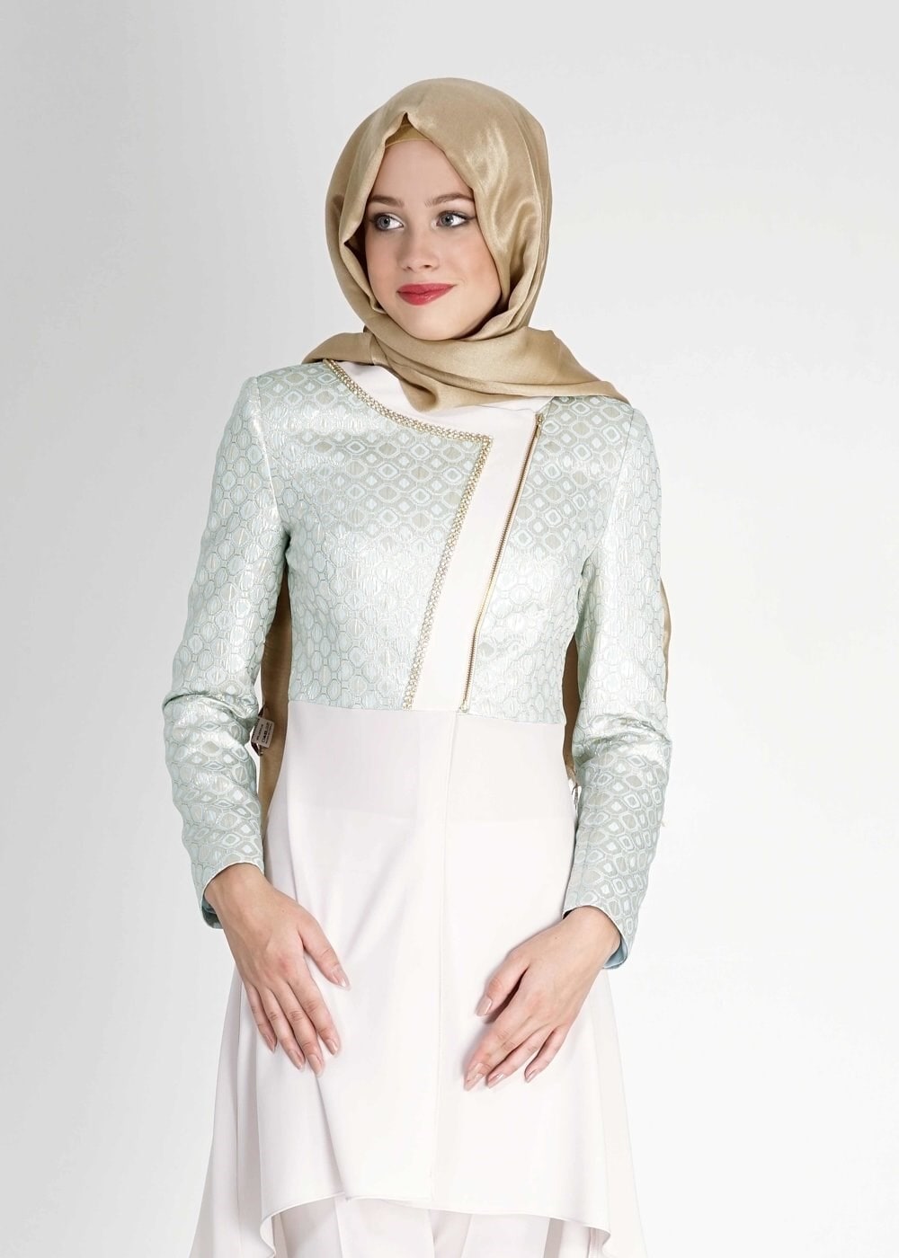 Tesettür giyim YEŞİL DESENLİ TAŞ DETAYLI İKİLİ PANTOLONLU TAKIM 3136