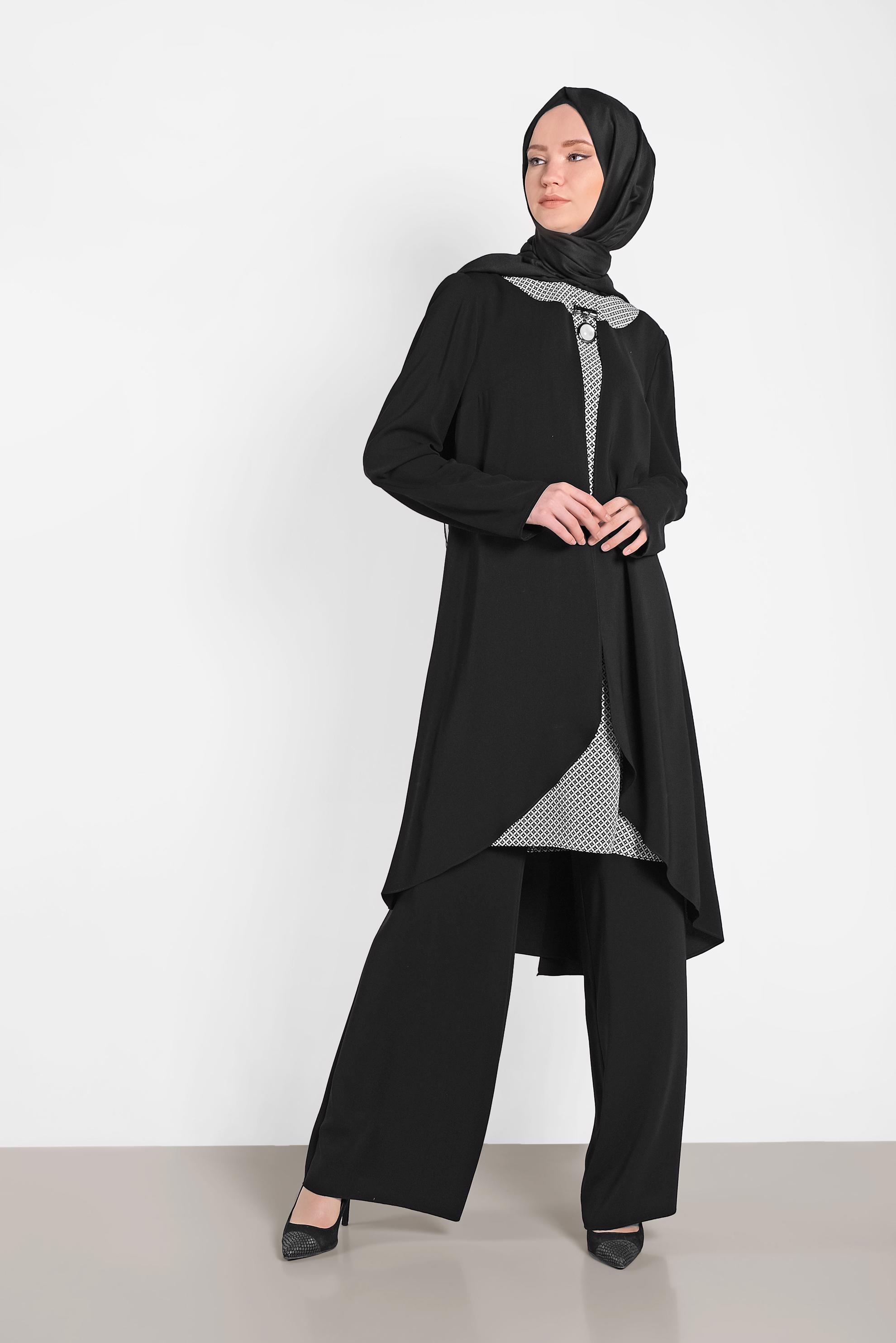 Tesettür giyim SİYAH DESENLİ İKİLİ PANTOLONLU TAKIM 3124-1