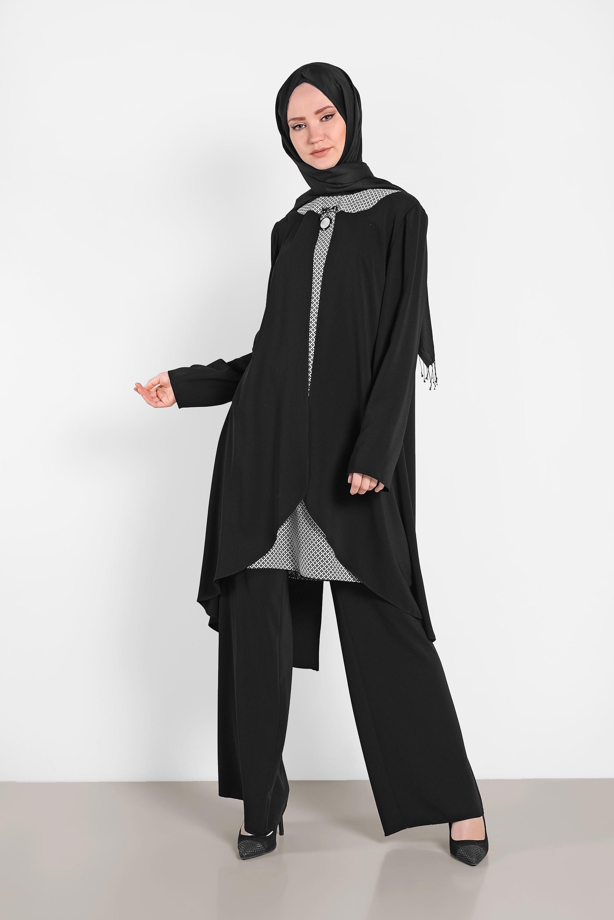 Tesettür giyim SİYAH DESENLİ İKİLİ PANTOLONLU TAKIM 3124-1