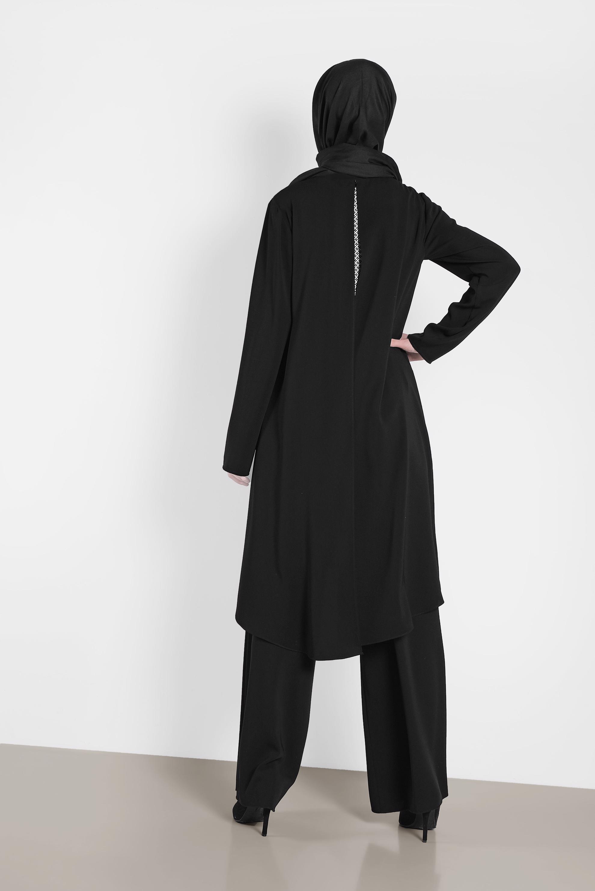 Tesettür giyim SİYAH DESENLİ İKİLİ PANTOLONLU TAKIM 3124-1