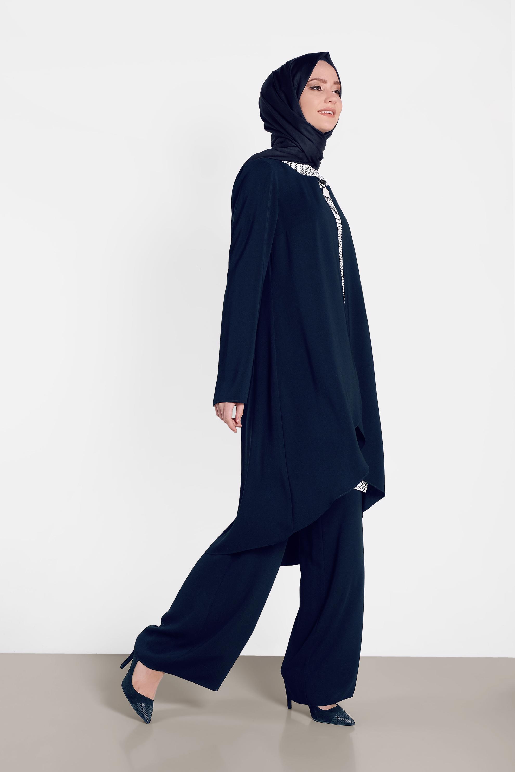 Tesettür giyim LACİVERT DESENLİ İKİLİ PANTOLONLU TAKIM 3124-1