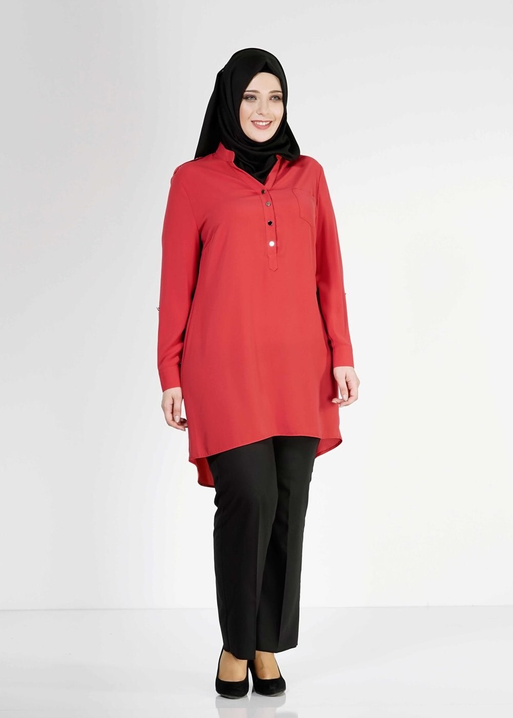 Tesettür giyim KIRMIZI DÜĞME DETAYLI TUNİK 2478 