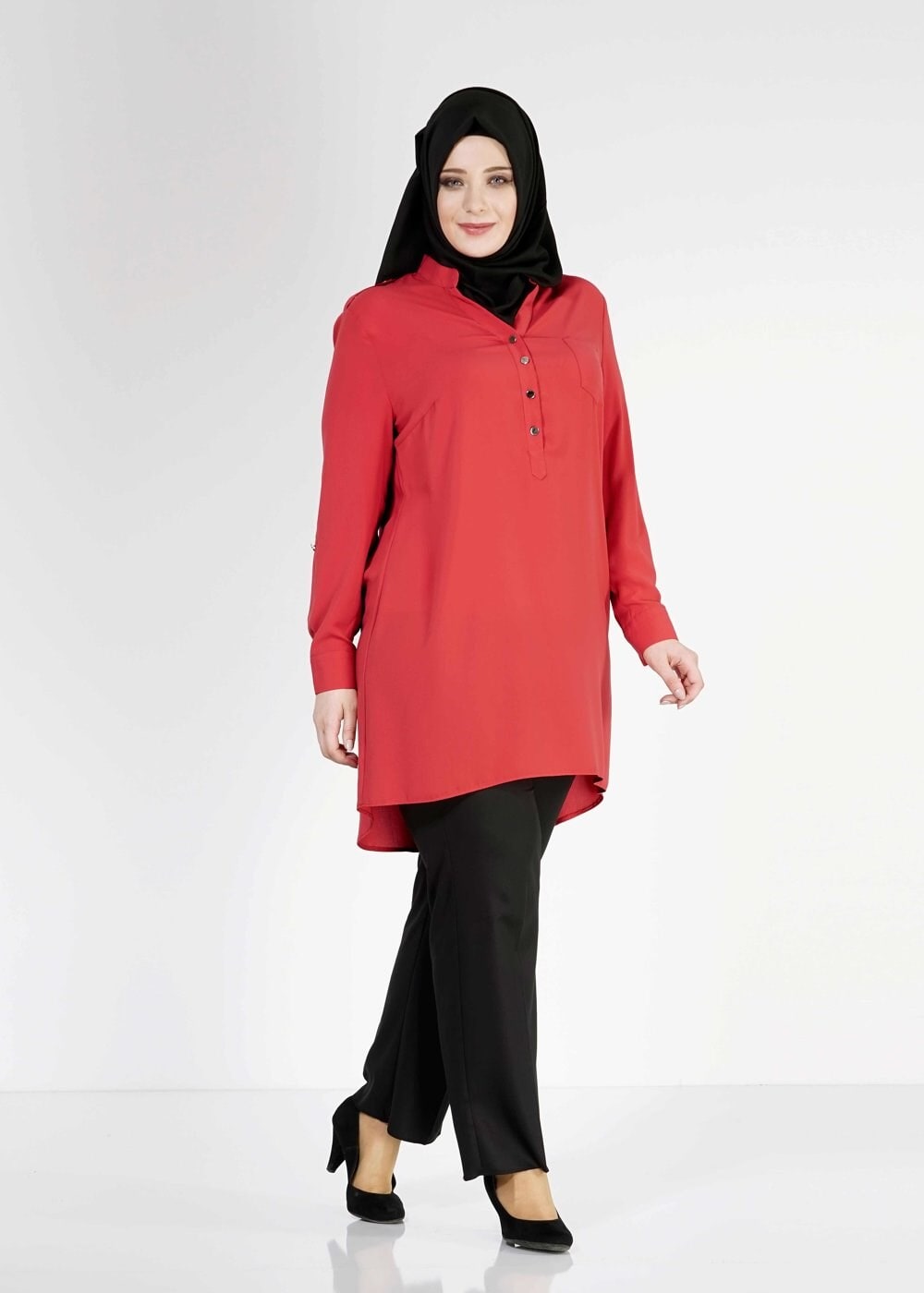 Tesettür giyim KIRMIZI DÜĞME DETAYLI TUNİK 2478 