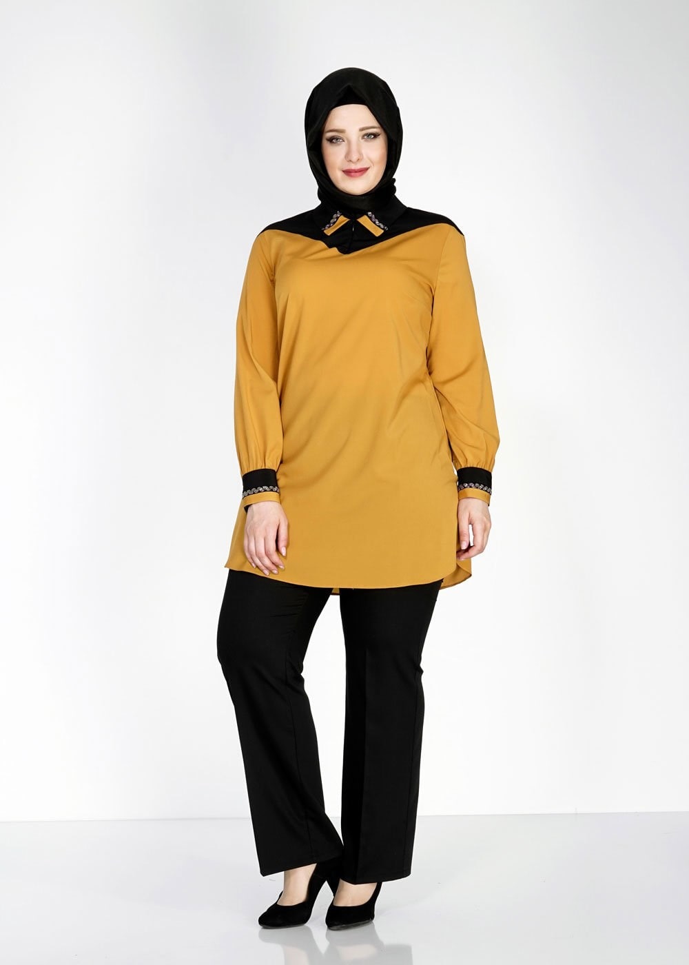 Tesettür giyim SARI GÖMLEK YAKA TESETTÜR TUNİK 2483