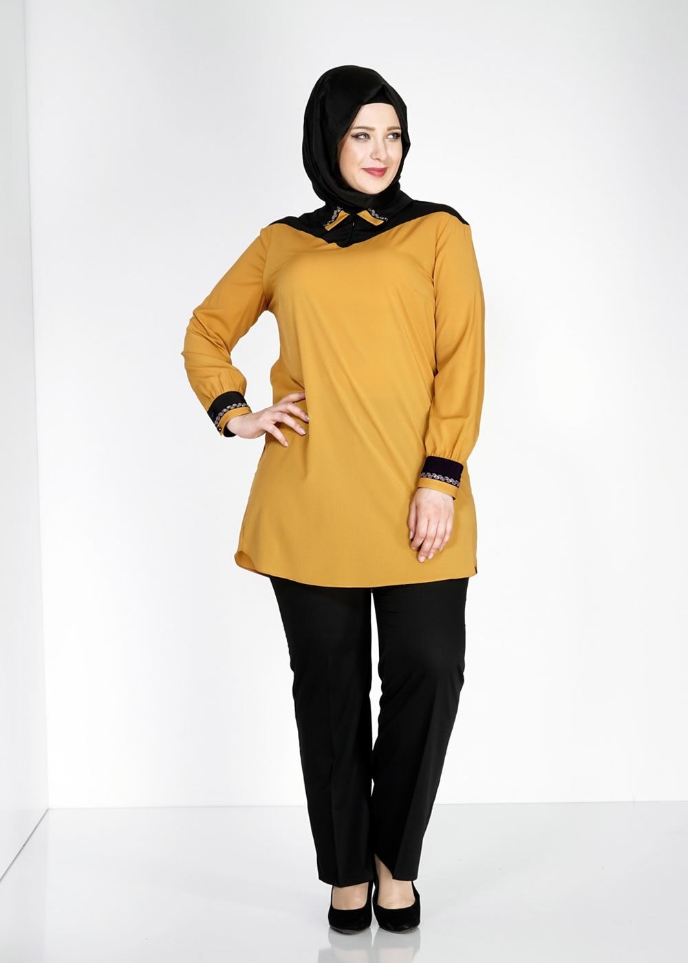 Tesettür giyim SARI GÖMLEK YAKA TESETTÜR TUNİK 2483