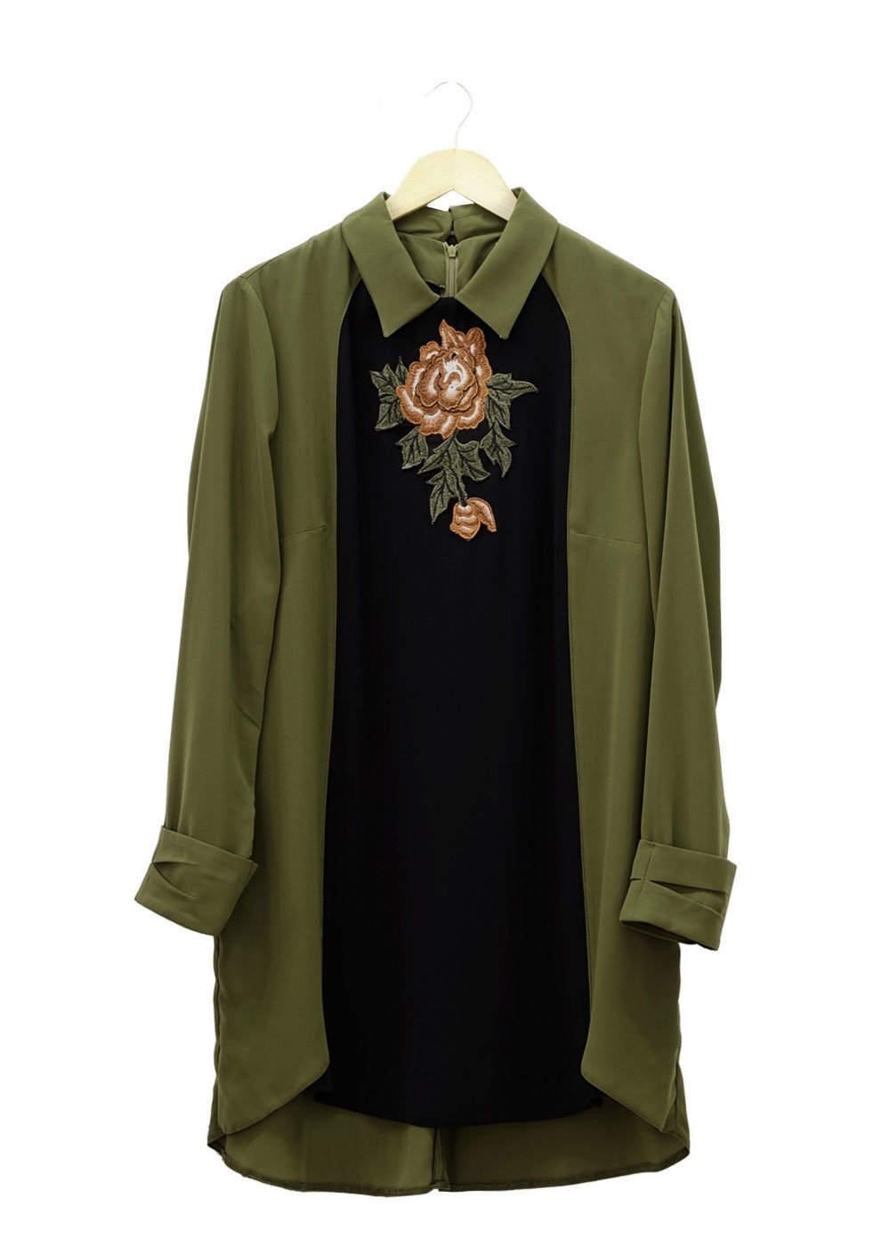 Tesettür giyim HAKİ ÇİÇEK NAKIŞLI TUNİK 2486