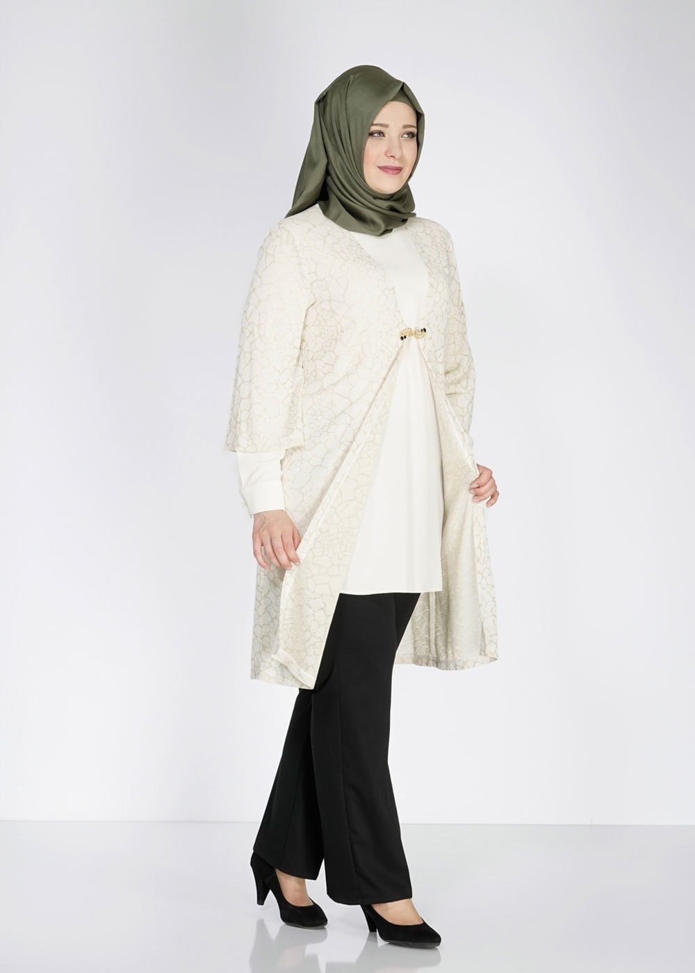 Tesettür giyim BEJ DESENLİ İKİLİ TUNİK 2504