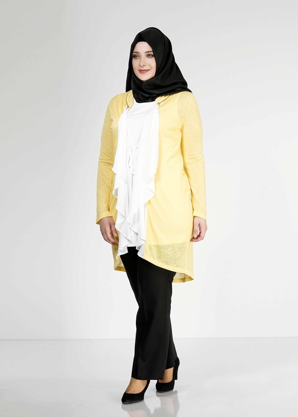 Tesettür giyim SARI FIRFIR DETAYLI İKİLİ TUNİK 2514