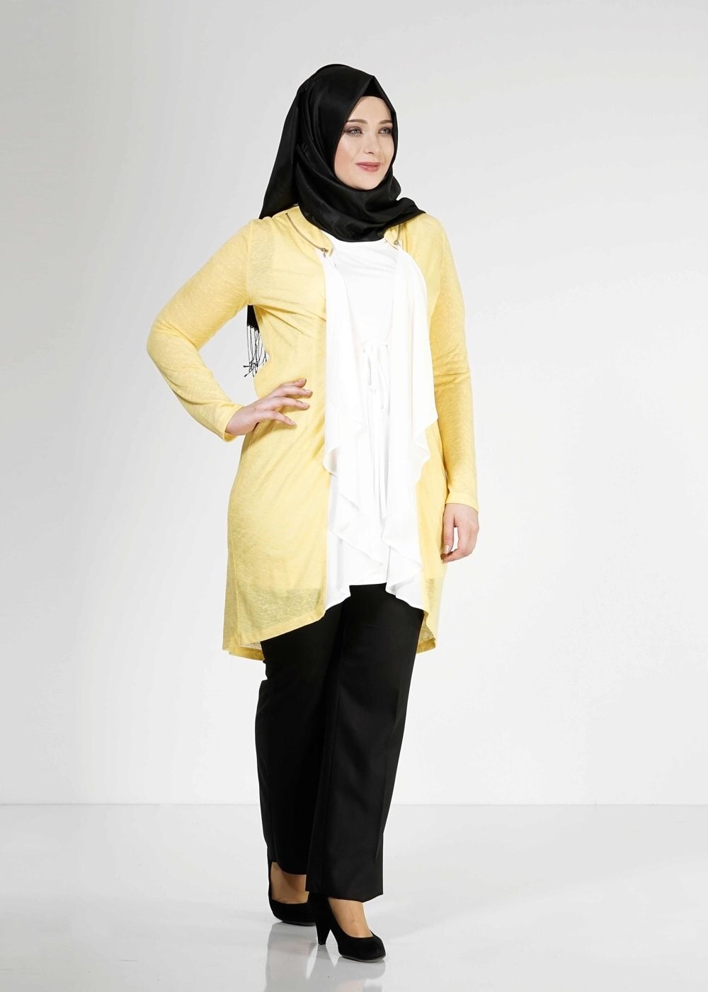 Tesettür giyim SARI FIRFIR DETAYLI İKİLİ TUNİK 2514