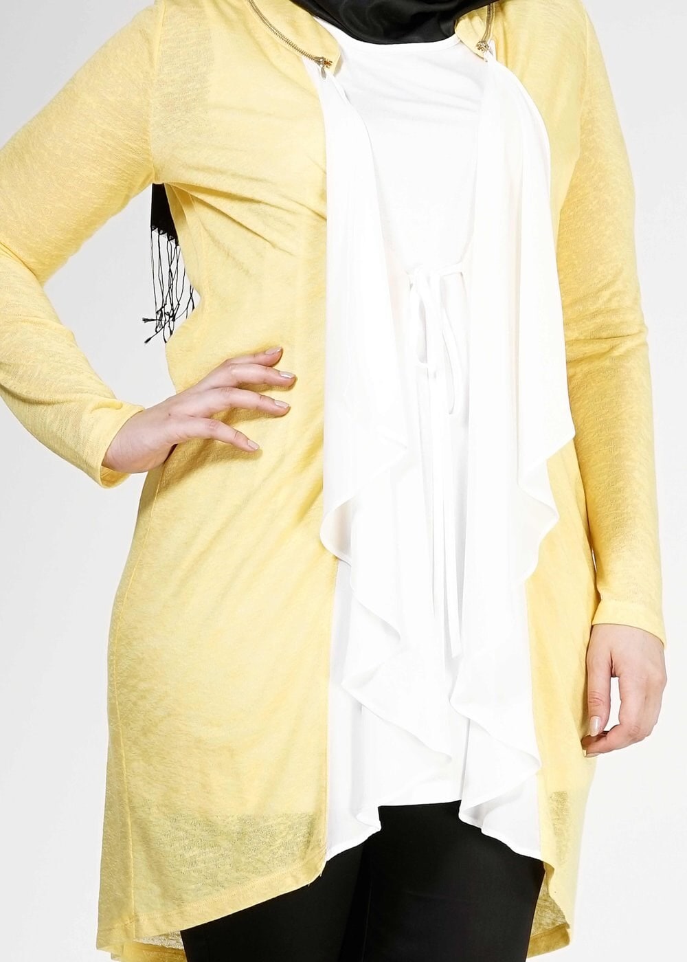 Tesettür giyim SARI FIRFIR DETAYLI İKİLİ TUNİK 2514