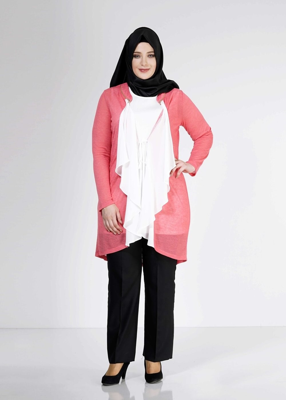 Tesettür giyim MERCAN FIRFIR DETAYLI İKİLİ TUNİK 2514